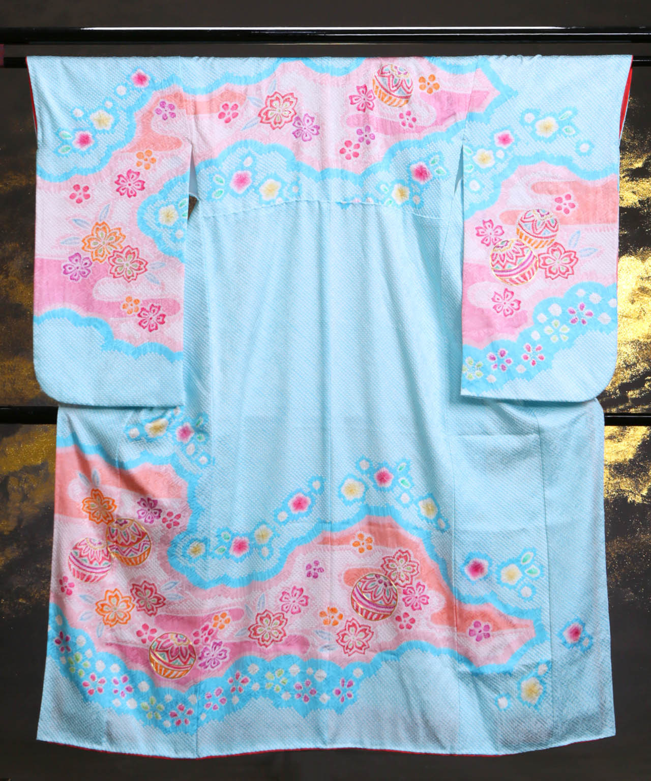 ラヴュー特選、七五三のお着物「正絹」_七歳_水色、ピンク雲模様２