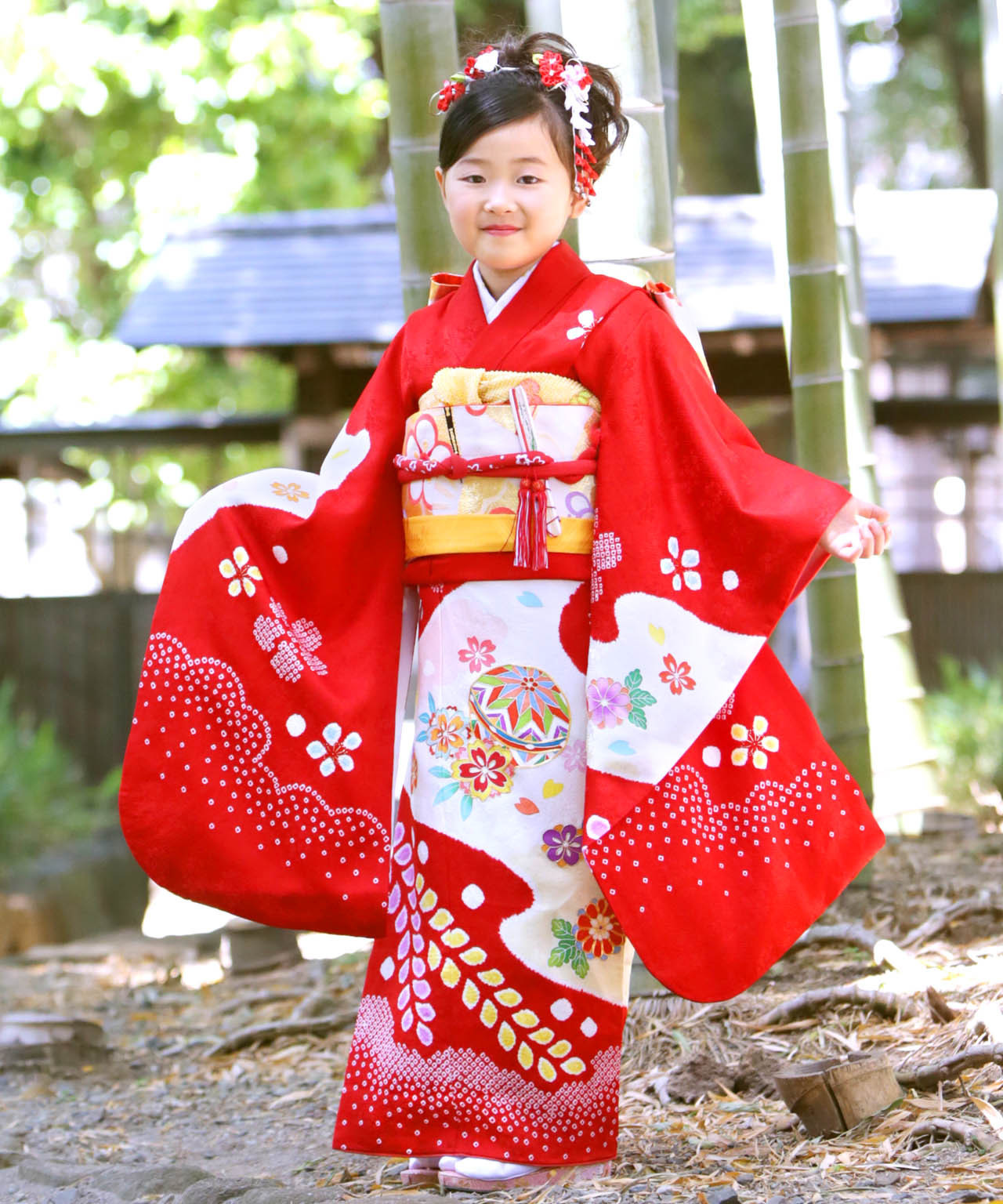 ラヴュー特選、七五三のお着物「正絹」_七歳_赤１