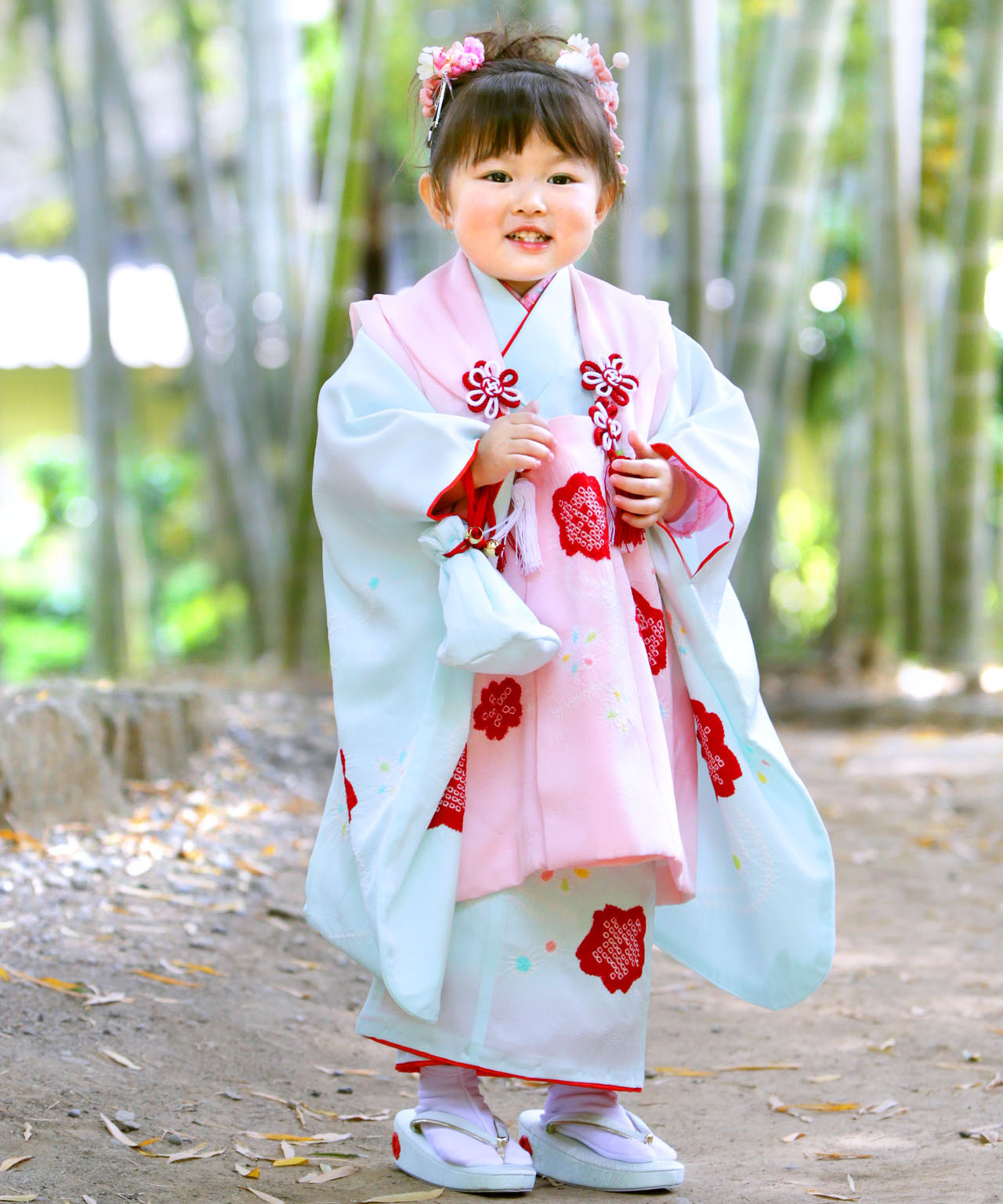 ラヴュー特選、七五三のお被布「正絹」_三歳_水色_ピンク