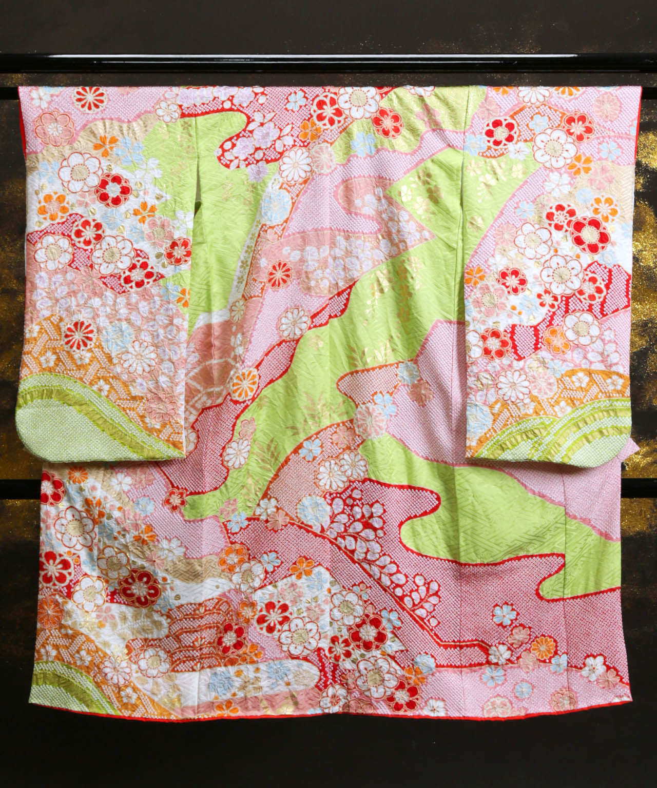 ラヴュー特選、七五三のお着物「正絹」_七歳_黄緑_絞り２