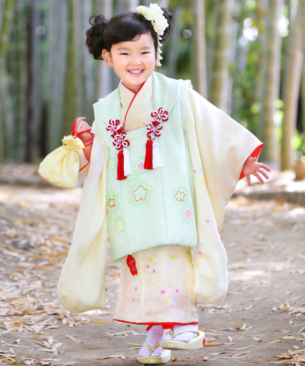 ラヴュー特選、七五三のお被布「正絹」_三歳_薄黄色_黄緑