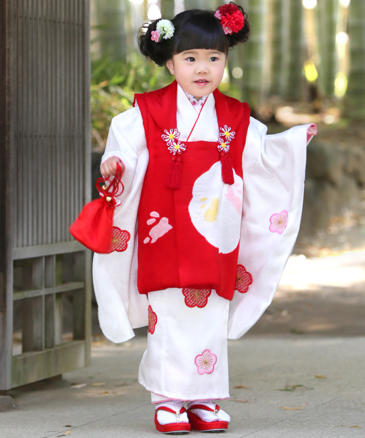 ラヴュー特選、七五三のお被布「正絹」_三歳_白_赤