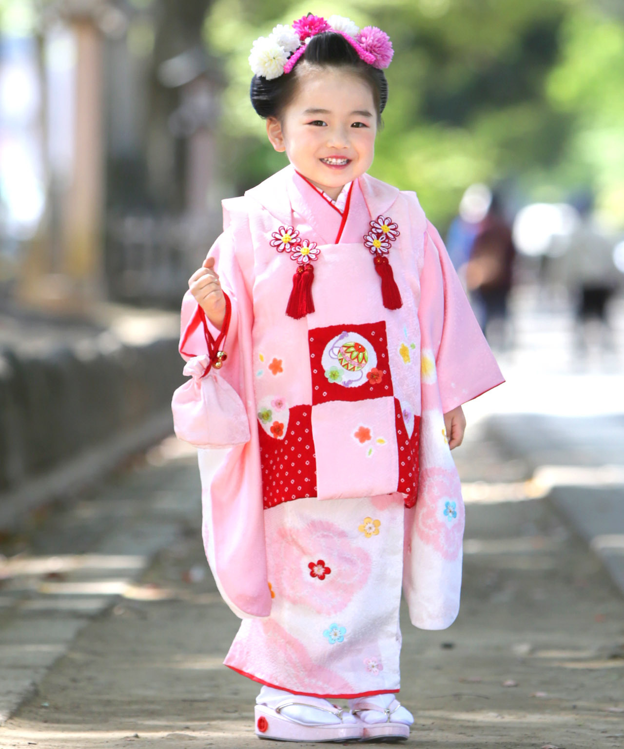 ラヴュー特選、七五三のお被布「正絹」_三歳_ピンク_赤チェック