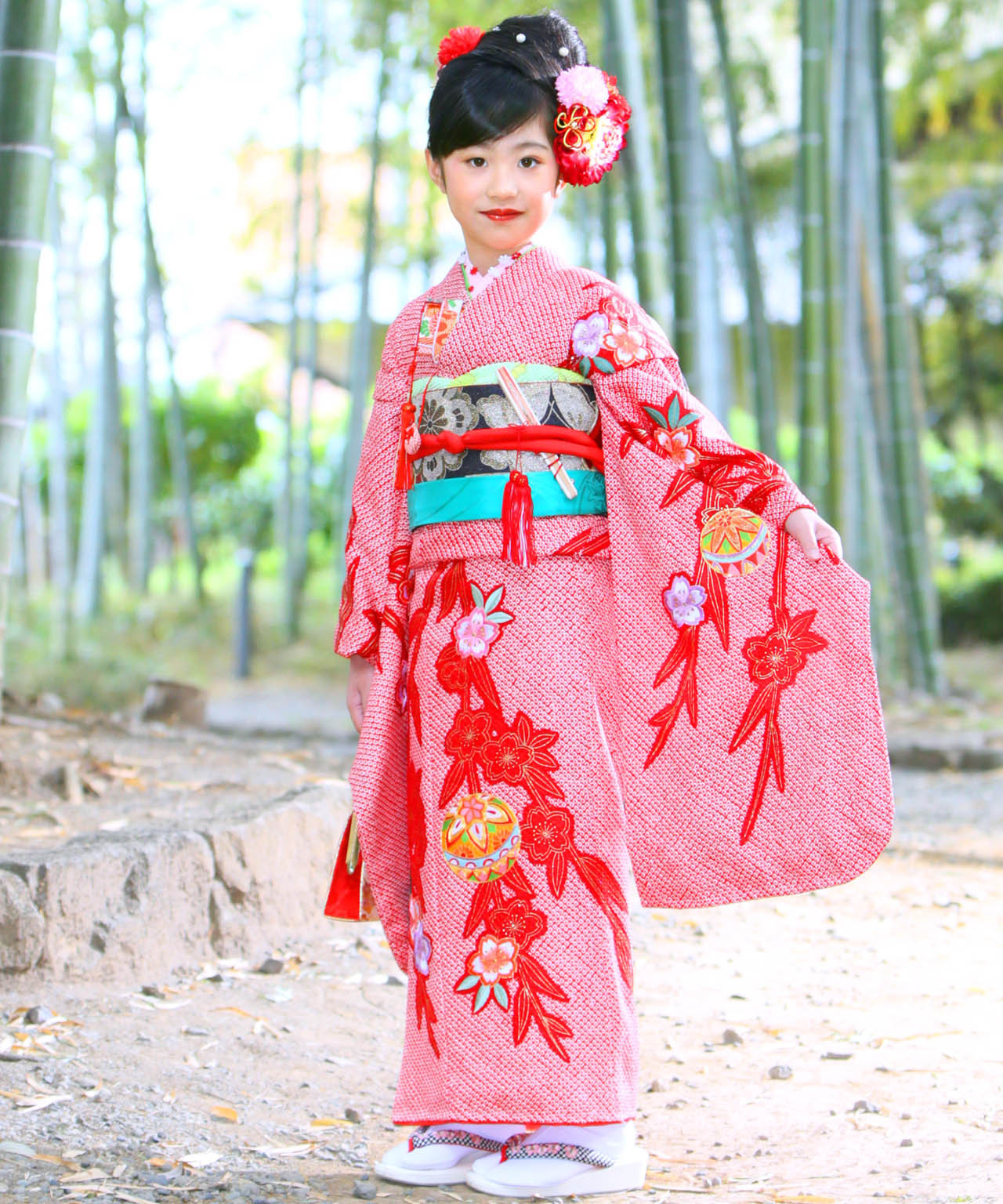 ラヴュー特選、七五三のお着物「正絹」_七歳_赤_絞り2_１