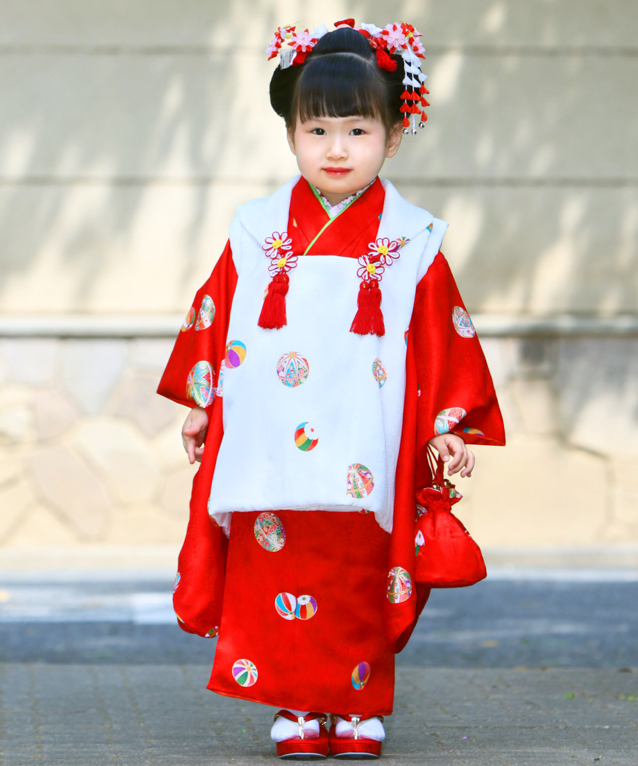 ラヴュー特選、七五三のお被布「正絹」_三歳_赤_白鞠