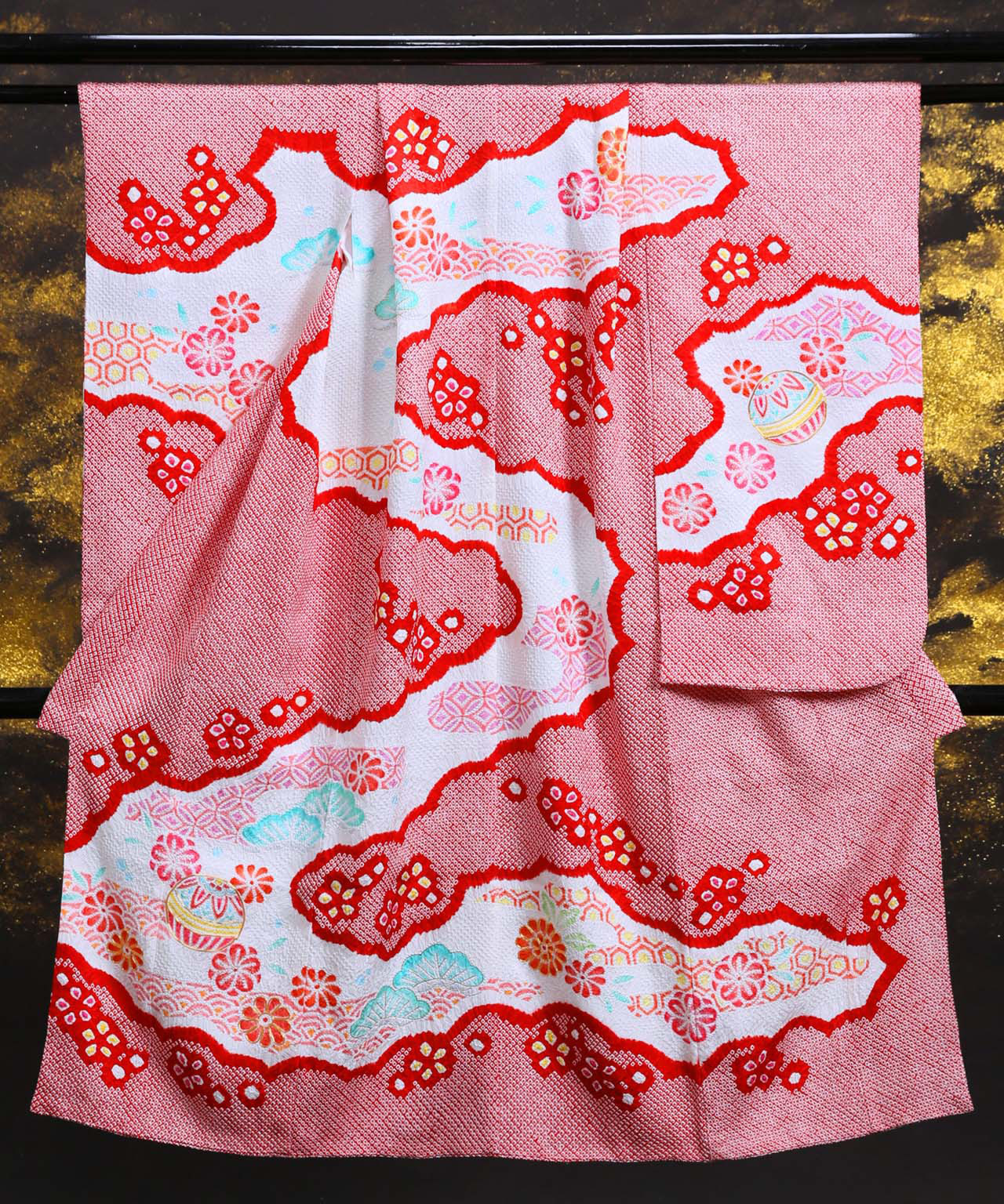 ラヴュー特選、七五三のお着物「正絹」_七歳_赤桃_絞り２