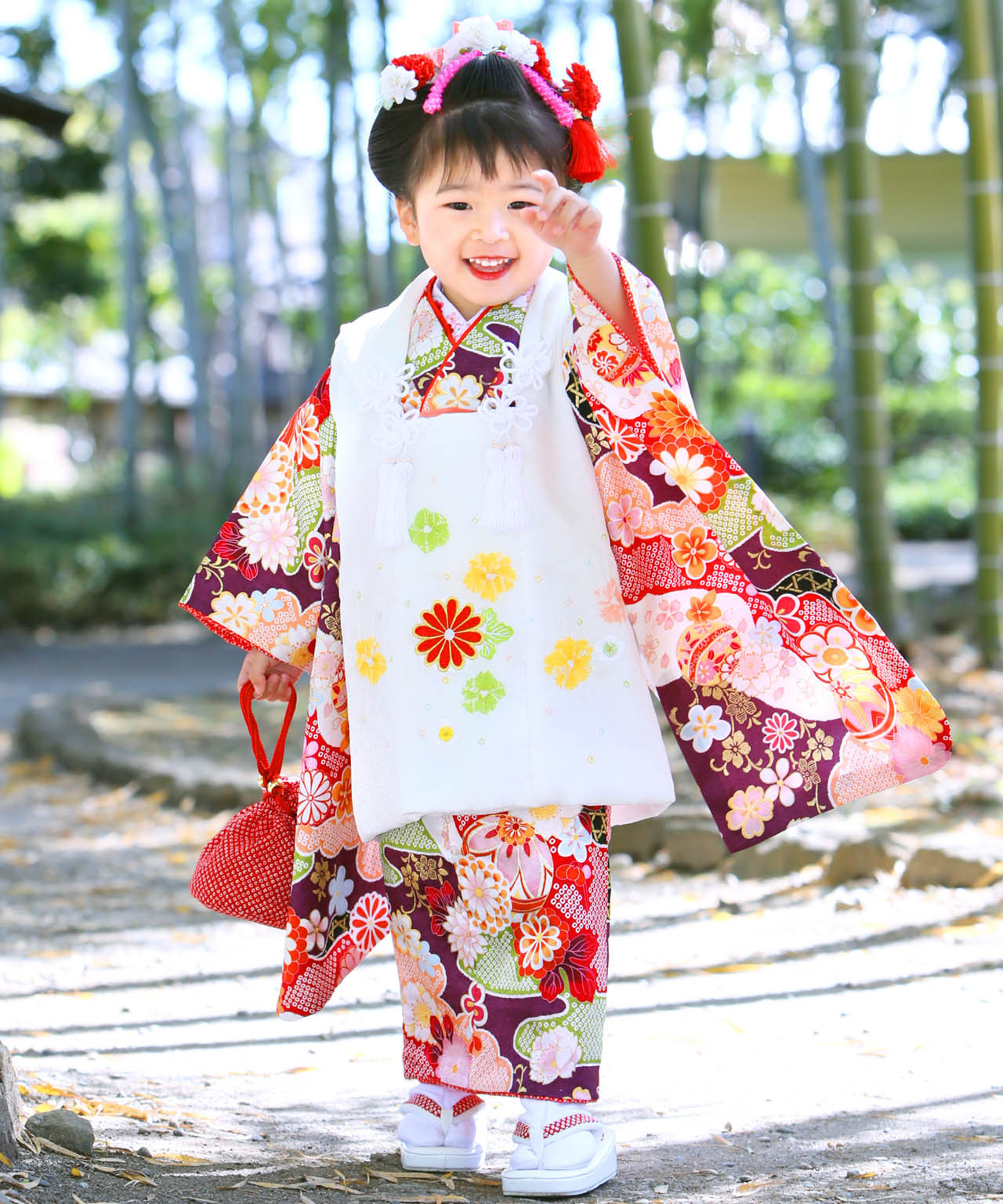 ラヴュー特選、七五三のお被布「正絹」_三歳_紫絵羽_白