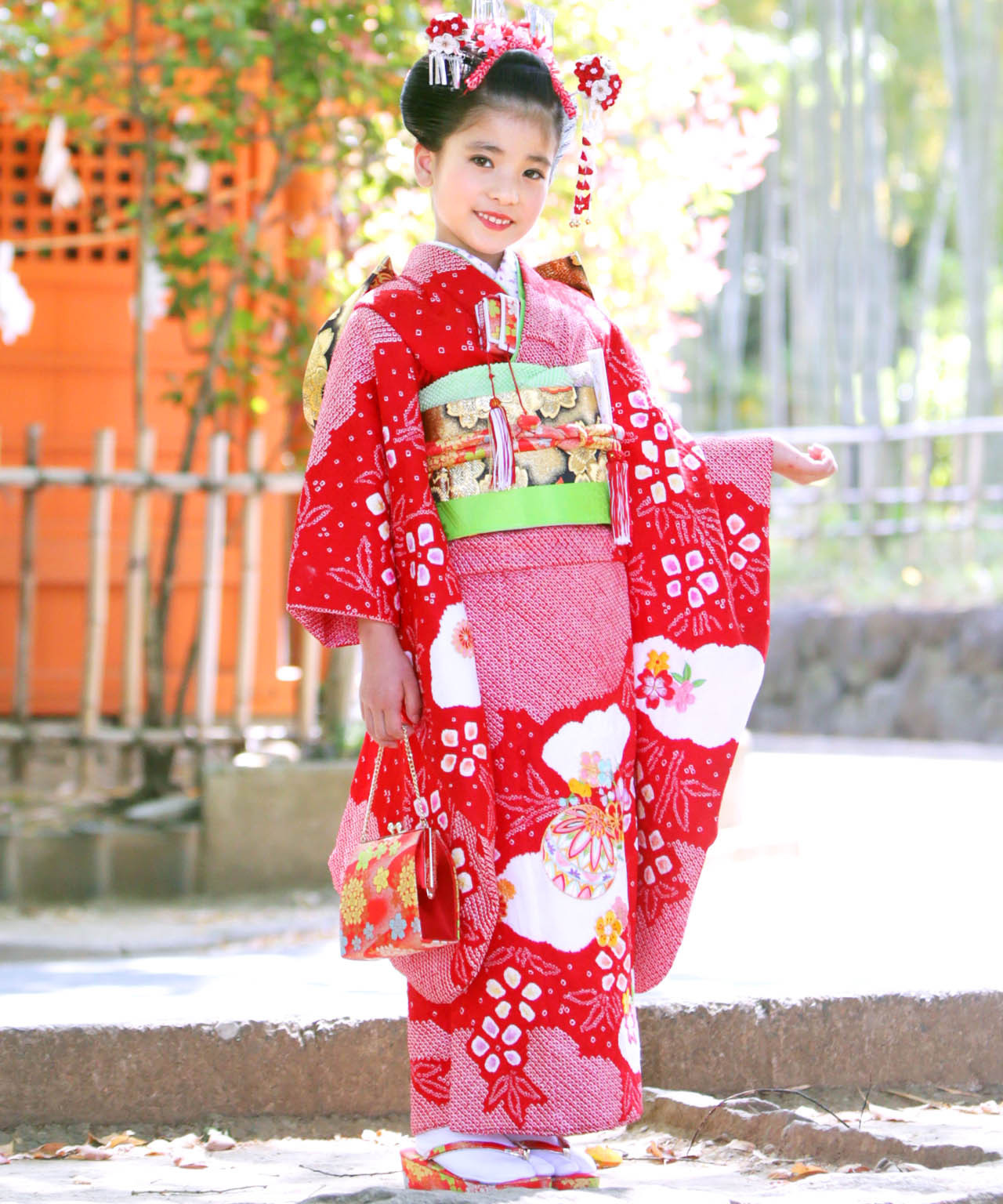 七五三 着物 七歳 フルセット 女の子 赤 レッド 四つ身 桜 花柄 七草 7才 子供用着物 和装 販売 購入