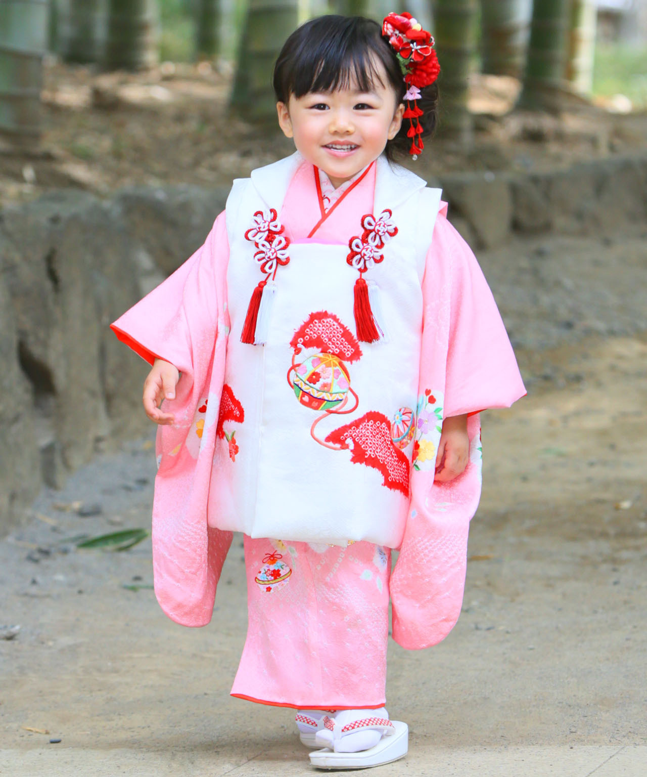 女の子 七五三 3歳 被布 着物セット ピンク 白 絞り柄 S7 - 季節/年中行事