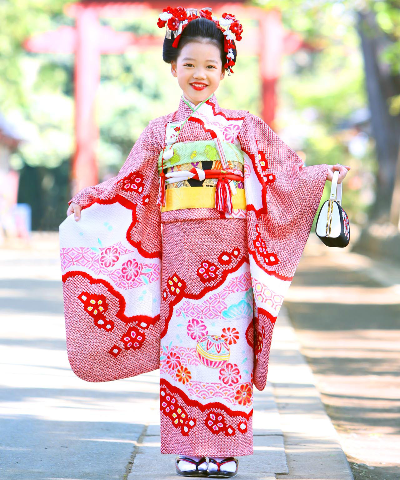 七五三 女の子 七歳用 正絹 部分絞り 古典柄 振袖 セット-