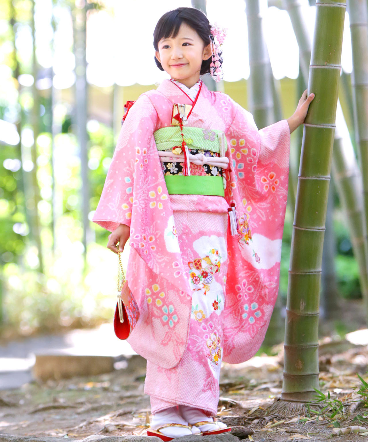 ラヴュー特選、七五三のお着物「正絹」_七歳_ピンク_絞り１