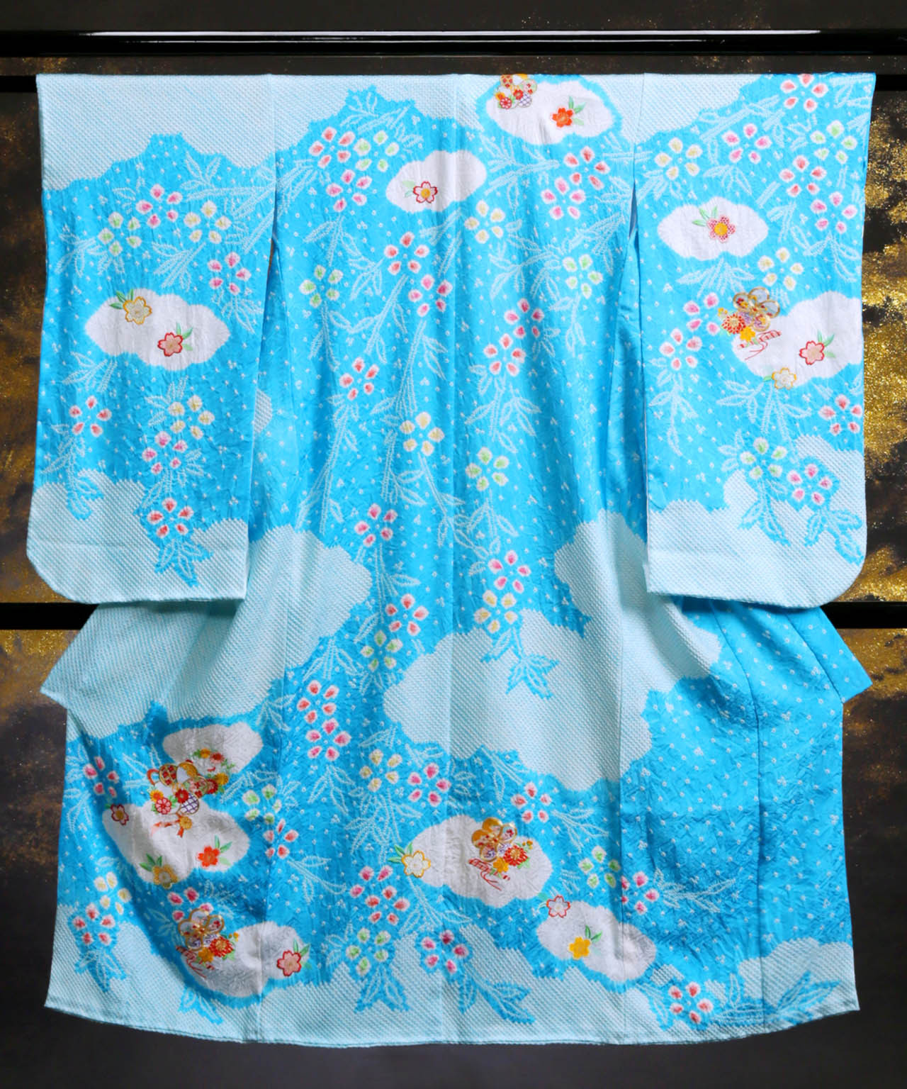 ラヴュー特選、七五三のお着物「正絹」_七歳_水色_絞り２