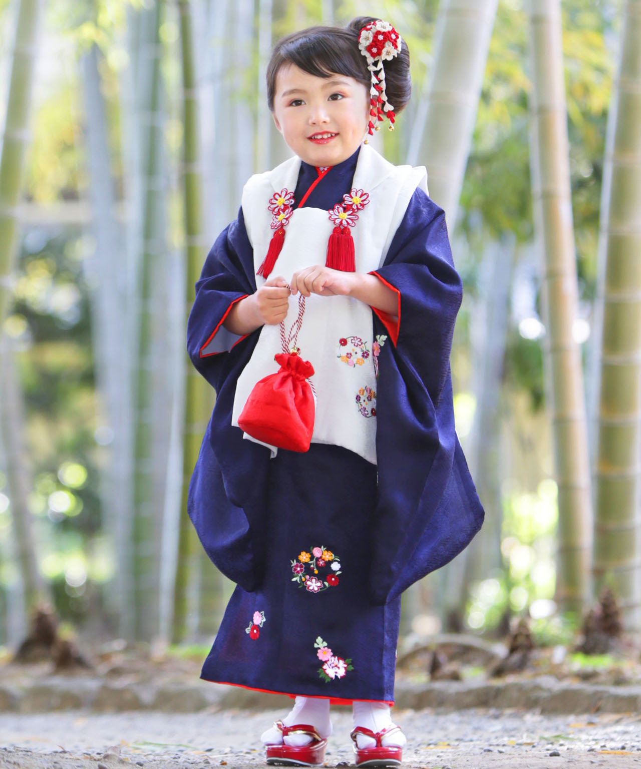 ラヴュー特選、七五三のお被布「正絹」_三歳_紺_白