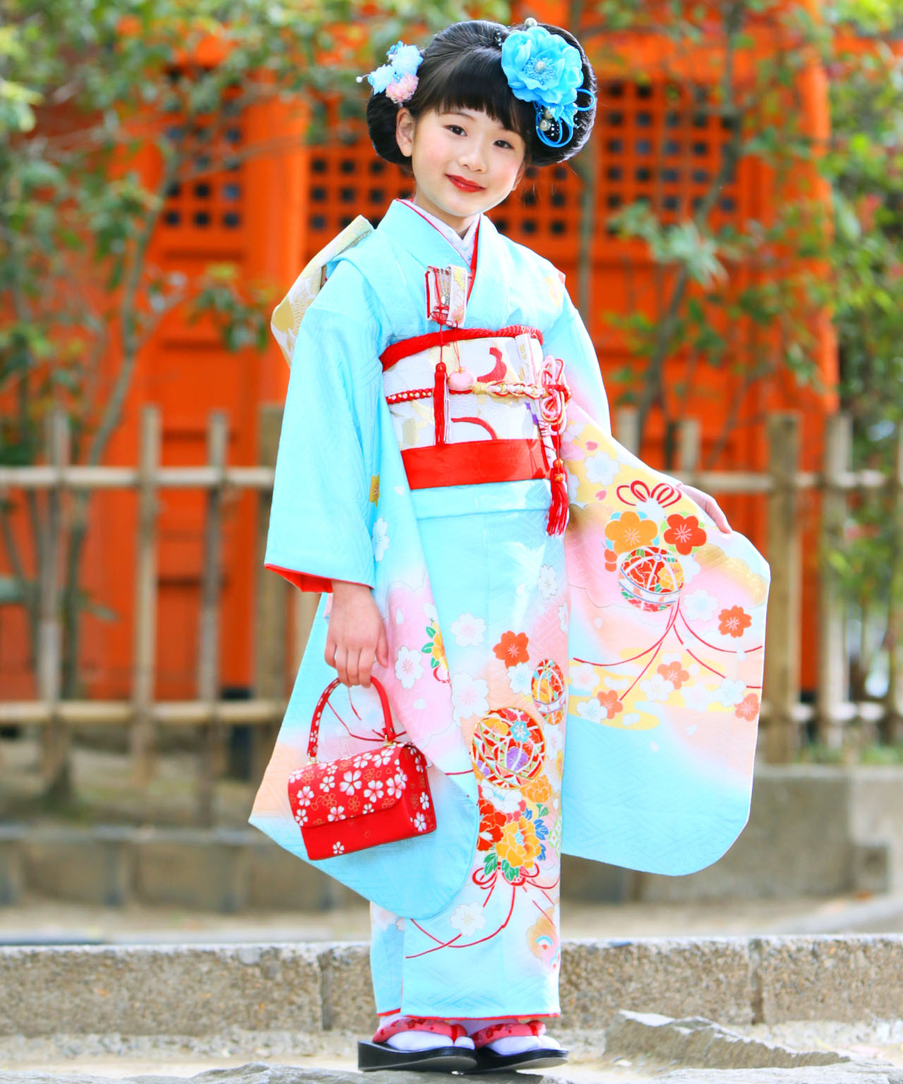 ラヴュー特選、七五三のお着物「正絹」_七歳_水色１