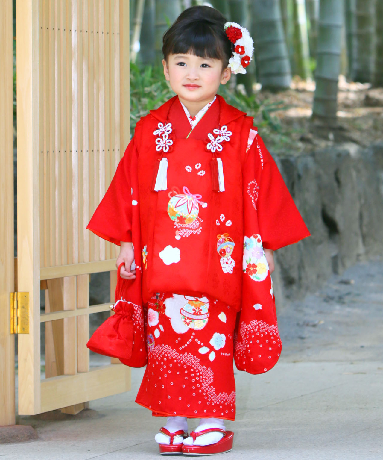 ラヴュー特選、七五三のお被布「正絹」_三歳_赤鞠_赤鞠