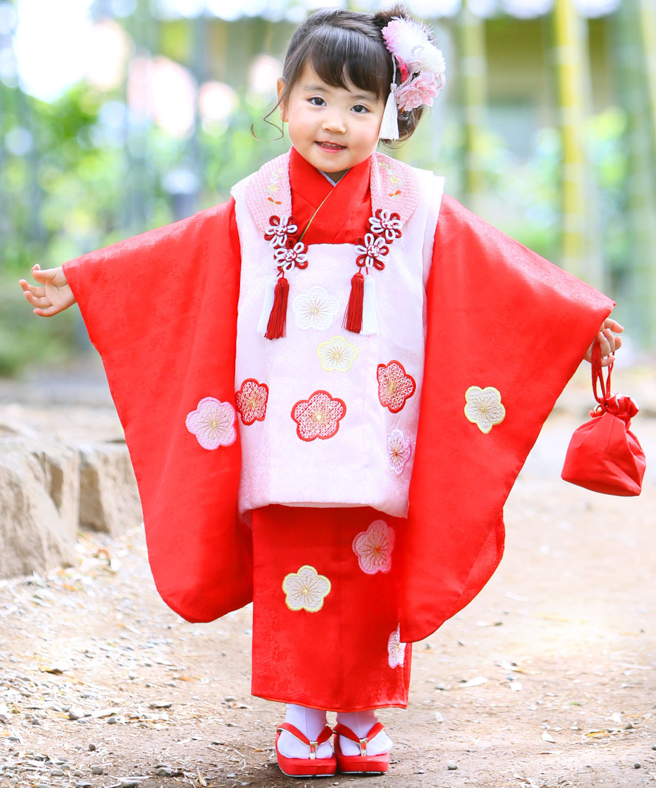 ラヴュー特選、七五三のお被布「正絹」_三歳_赤梅_ピンク梅